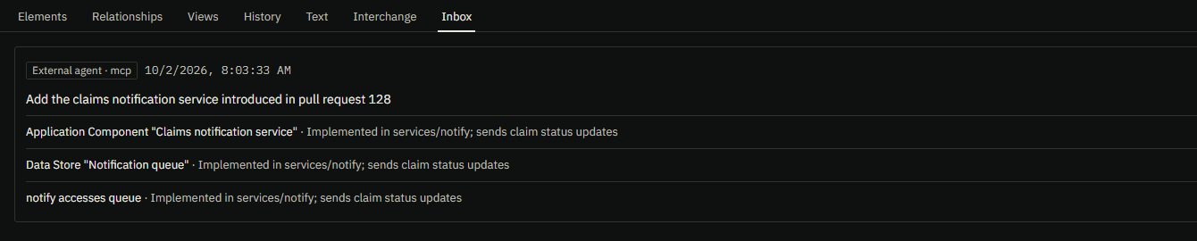 A model's inbox in Arq: a proposal from an external agent over MCP to add the claims notification service, with each change and its rationale.