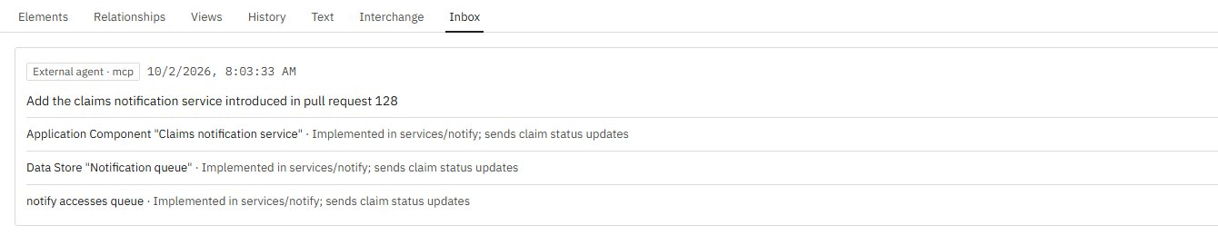 A model's inbox in Arq: a proposal from an external agent over MCP to add the claims notification service, with each change and its rationale.
